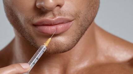 Man receiving lip filler injection for cosmetic beauty