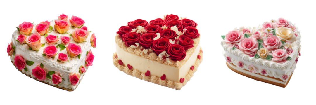 Set of Romantic White Day floral cake shaped like a heart on transparent png background. Ai generated
