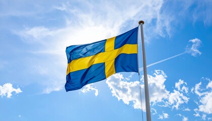 Swedish flag with yellow cross on blue field flying against bright sky with clouds and sunlight.