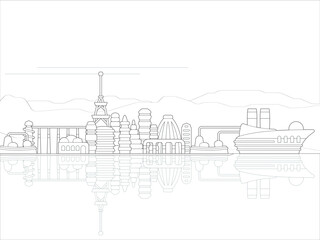 Retrofuturistic City Blueprint. Schematic line art utopian architecture outline