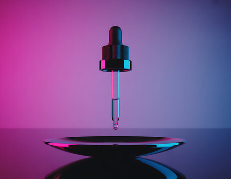 Close up of a glass dropper with a drop of liquid falling into a petri dish with neon lighting