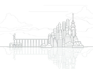 Retrofuturistic City Blueprint. Schematic line art utopian architecture outline