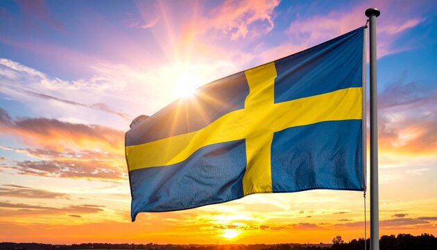Swedish flag with yellow Nordic cross on blue field, waving at sunset with dramatic sky.