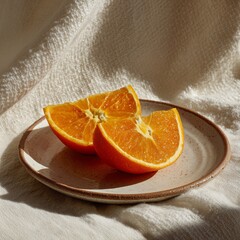 Photo of orange slices on ceramic plate natural light soft sh