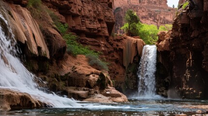 Natural Waterfall Wonders: Flowing Streams, Forested Mountains, and Moss-Covered Rocks in Outdoor Landscapes