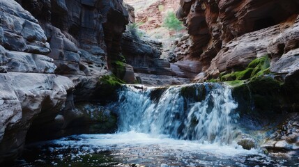 Natural Waterfall Wonders: Flowing Streams, Forested Mountains, and Moss-Covered Rocks in Outdoor Landscapes