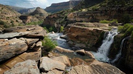 Natural Waterfall Wonders: Flowing Streams, Forested Mountains, and Moss-Covered Rocks in Outdoor Landscapes