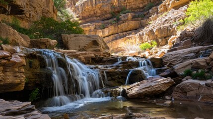 Natural Waterfall Wonders: Flowing Streams, Forested Mountains, and Moss-Covered Rocks in Outdoor Landscapes