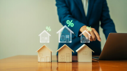 Person interacting with holographic houses and percentage signs real estate housing