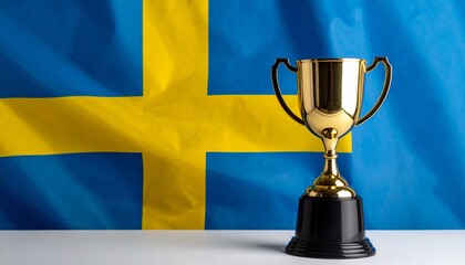 Golden trophy with two handles in front of Swedish flag, blue field and yellow cross, symbol of achievement.