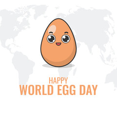 World egg day with funny cartoon cute smiling egg character. Egg day poster or banner.