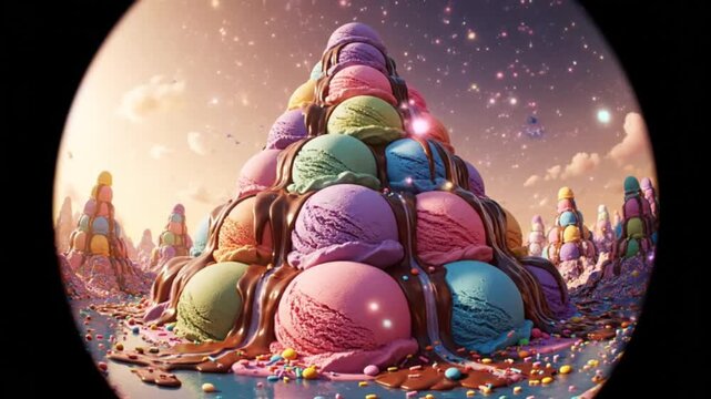Tower of colorful ice cream scoops with chocolate sauce in a fantasy landscape.