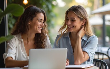 Portrait of two cheerful young omen enjoying work in beautiful outdoor cafe, copy space. High quality