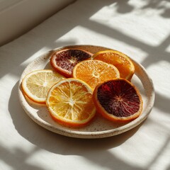 Photo of orange slices on ceramic plate natural light soft sh