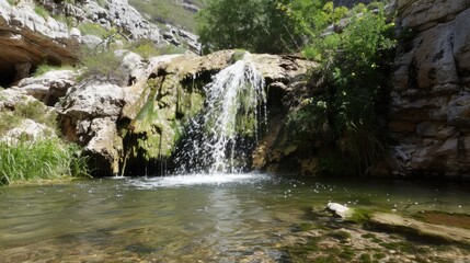 Natural Waterfall Wonders: Flowing Streams, Forested Mountains, and Moss-Covered Rocks in Outdoor Landscapes