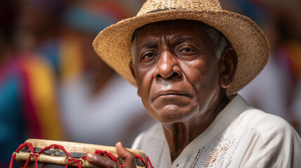 Elderly man in straw hat participating in Hanal Pixán festival in Mexico, cultural celebration of life and death, honoring ancestors through remembrance, rituals, and traditional offerings