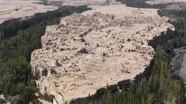 Aerial view of the ancient city ruins with tan structures contrasting against the dark green trees and river, Jiaohe Ancient Town Ruins, Turpan, China.
