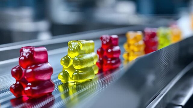Colorful gummy bears lined up on a conveyor belt in a candy factory.