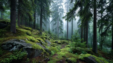 Obraz premium Serene Misty Forest Scene with Lush Greenery and Towering Pine Trees