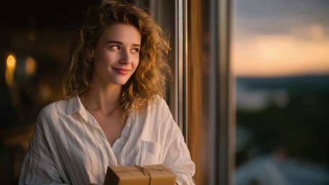 A casually dressed woman holding a box stands by a window, enveloped in a sunset's orange glow, symbolizing change and transition.