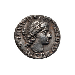  antique silver coin featuring an elegant profile  isolated on white background