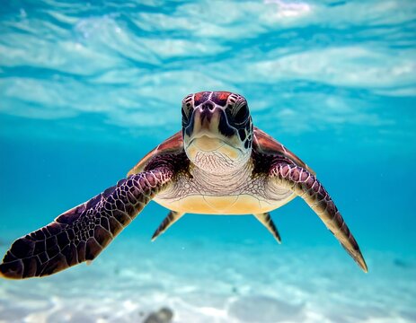 Sea turtle underwater, close-up