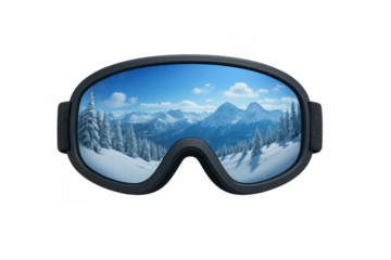 Ski goggles reflecting snowy mountain landscape on transparent background
