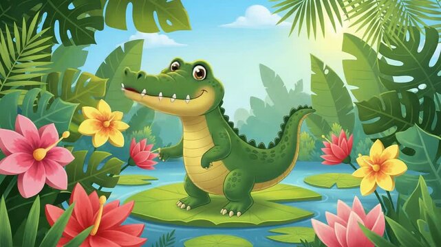 friendly cartoon alligator on lily pad in tropical jungle