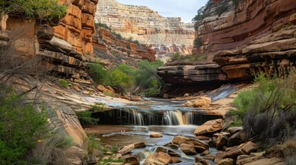 Natural Waterfall Wonders: Flowing Streams, Forested Mountains, and Moss-Covered Rocks in Outdoor Landscapes