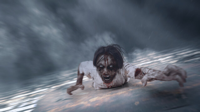 Indonesian southeast asian scary male zombie with a wound and bloody crawling in an abandoned building. The scene is scary and creepy. Dramatic smoke or fog effect. Concept of Spooky Halloween