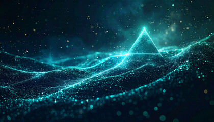 Cyan Pyramid Over Shimmering Data Waves &mdash; High-Tech Generative AI Background for LLM Platforms, Cybersecurity, Fintech, and Cloud Product Pages