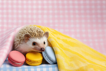 An adorable African pygmy hedgehog peeks from a cozy pink and yellow blanket next to colorful macarons on a blue gingham cloth, creating a cheerful, sweet scene with soft pastel tones.