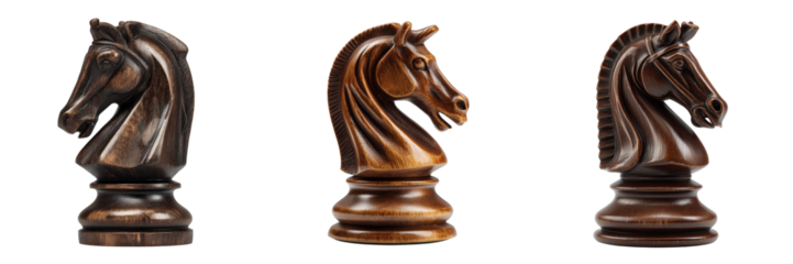 Set of Vintage wooden chess set with intricately carved pieces on a chessboard on transparent png background. Ai generated