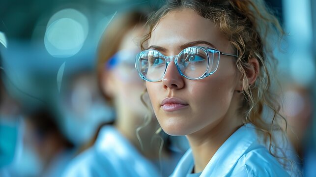 Female scientist listening during biotechnology conference discussion - Powered by Adobe