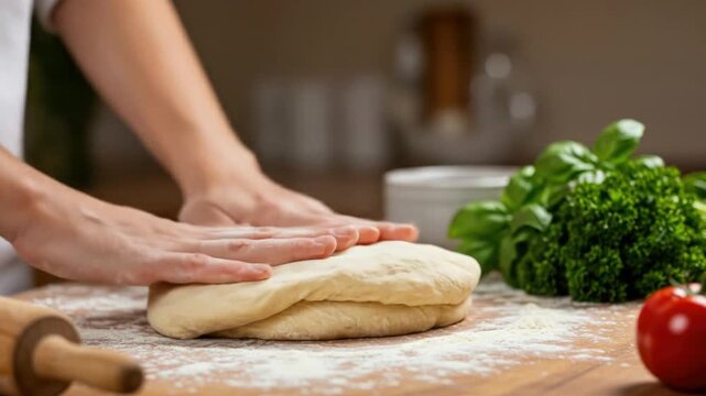 Person kneading dough with fresh ingredients and wooden surface