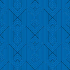 Seamless Royal Blue Geometric Pattern with Interlocking Art Deco Style Fine Line Striped Hexagons and Diamond Shapes