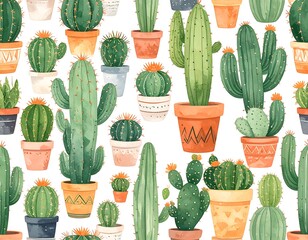 Watercolor cactus pattern in pots