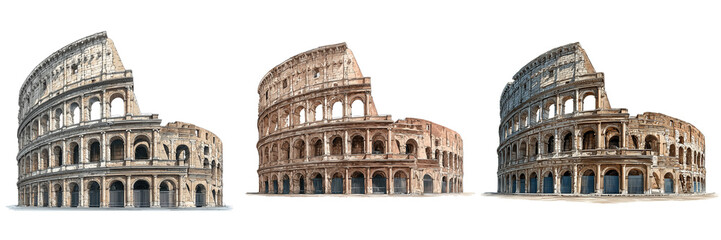 Fototapeta premium Set of Colorful artistic sketch of the Colosseum, detailed lines and shading on transparent png background. Ai generated