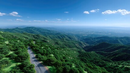 Fototapeta premium Lush Green Valley Aerial View with Road Under Bright Sky Cinematic Landscape Dense Forest Rolling Hills in Daylight Scenic Beauty