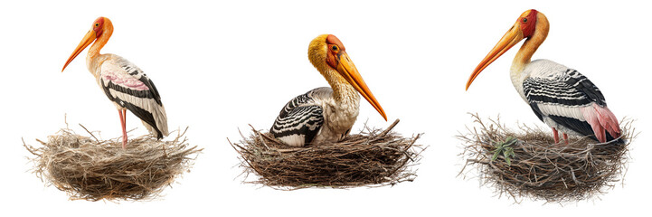 Set of Leptoptilos javanicus bird standing tall with elegant posture, detailed plumage texture on transparent png background. Ai generated