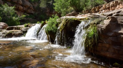 Natural Waterfall Wonders: Flowing Streams, Forested Mountains, and Moss-Covered Rocks in Outdoor Landscapes