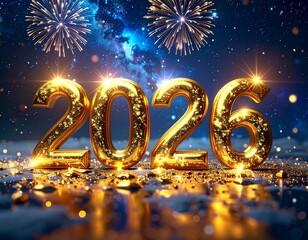 Złoty napis 2026 na tle nocnego nieba z fajerwerkami © Monika