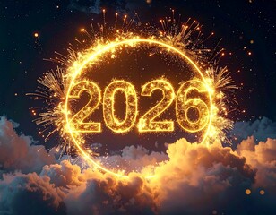 Złoty świetlisty napis 2026 w okręgu świetlnym na tle nocnego nieba i chmur. Sylwester, Nowy Rok