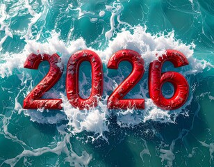 Czerwony, trójwymiarowy napis 2026 unoszący się na morskich falach