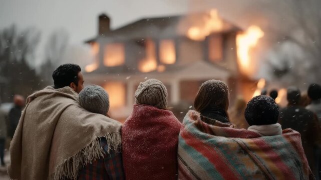 A group of diverse people watches a house engulfed in flames. They are wrapped in blankets, showing concern and shock. The scene captures a moment of crisis.