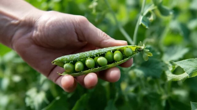 A hand holding a fresh green pea pod with several peas inside. The background features lush green foliage, indicating a garden or farm setting.
