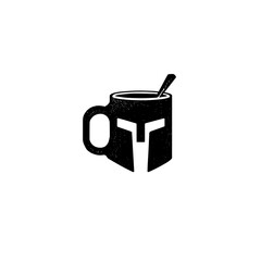 Obraz premium A black and white logo combines a mug and a Spartan helmet, with a spoon inside