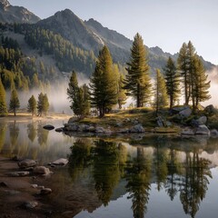 Photo of mountain lake under morning mist studio lighting cal