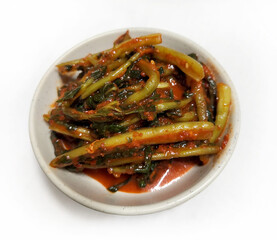 Korean Young Radish Kimchi (Yeolmu Kimchi) in White Ceramic Bowl, 한국식 열무김치 하얀 도자기 그릇