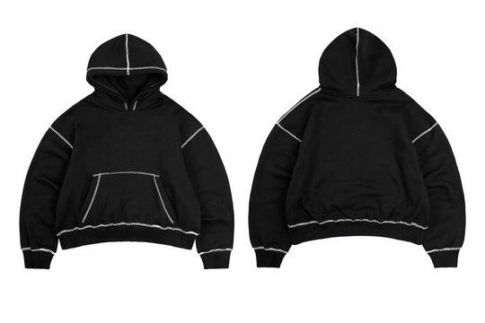 Boxy Fit Pullover Hoodie Black White Stich In White issolated Background